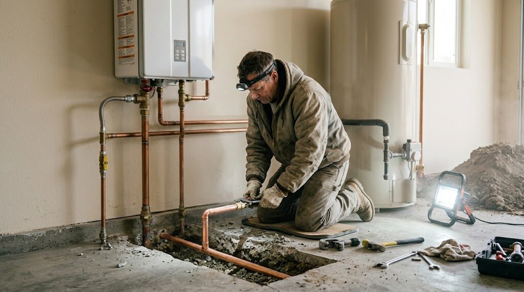 Slab leak repair in a South Bay home — copper line being spliced under the foundation